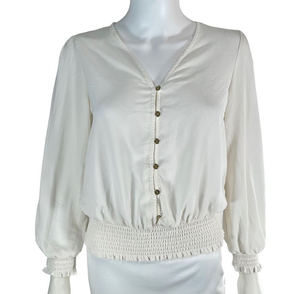 Michael Kors White Button Down Blouse V-Neck Ruffle XS